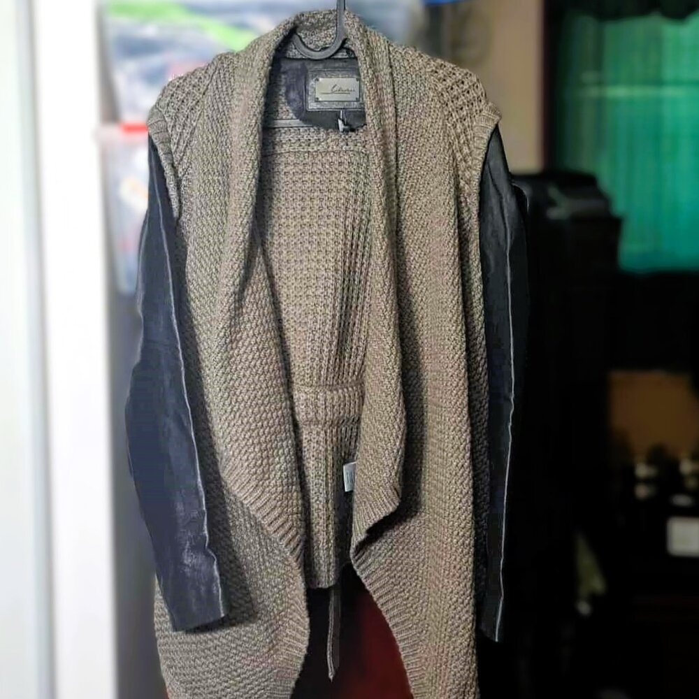Open-Front Knit Cardigan with Faux Leather Sleeves - Taupe